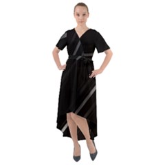 Minimalist Black Linear Abstract Print Front Wrap High Low Dress