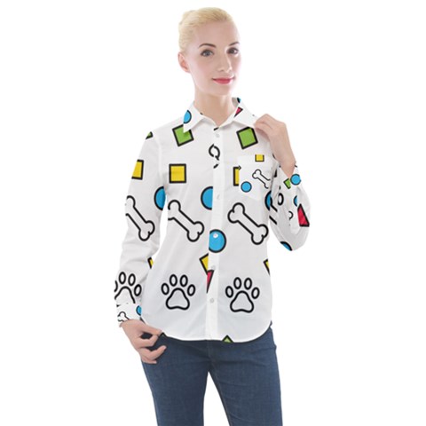 Dog Paw Seamless Pattern Footprint Bone Women s Long Sleeve Pocket Shirt by Vaneshart