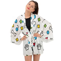 Dog Paw Seamless Pattern Footprint Bone Long Sleeve Kimono by Vaneshart