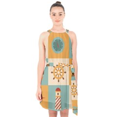 Nautical Elements Collection Halter Collar Waist Tie Chiffon Dress by Vaneshart