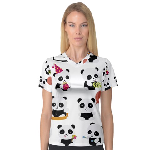 Playing Pandas Cartoons V-neck Sport Mesh Tee by Vaneshart