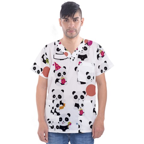 Playing Pandas Cartoons Men s V-neck Scrub Top by Vaneshart