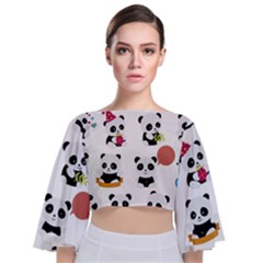 Playing Pandas Cartoons Tie Back Butterfly Sleeve Chiffon Top by Vaneshart