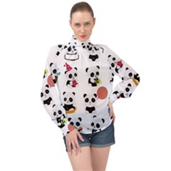 Playing Pandas Cartoons High Neck Long Sleeve Chiffon Top by Vaneshart