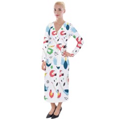 Vector Set Isolates With Cute Birds Scandinavian Style Velvet Maxi Wrap Dress