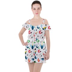 Vector Set Isolates With Cute Birds Scandinavian Style Ruffle Cut Out Chiffon Playsuit by Vaneshart