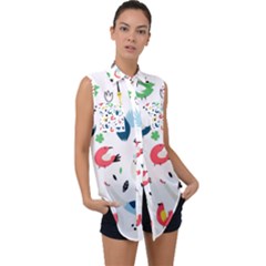 Vector Set Isolates With Cute Birds Scandinavian Style Sleeveless Chiffon Button Shirt