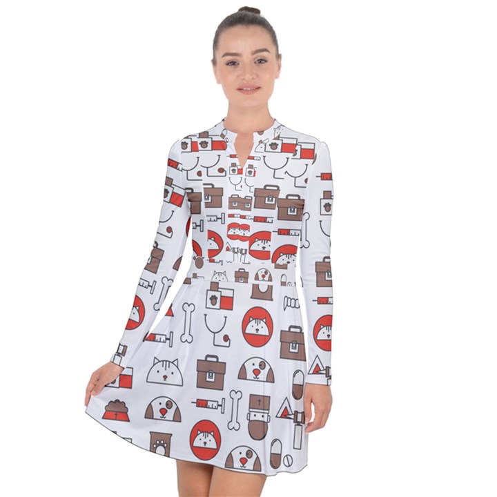 Vector Thin Line Art Vet Seamless Pattern Long Sleeve Panel Dress