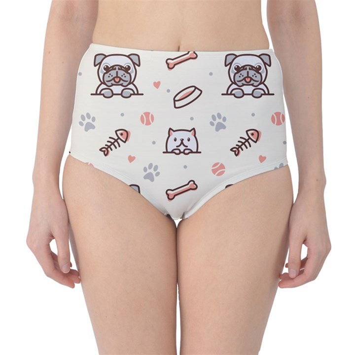 Pug Dog Cat With Bone Fish Bones Paw Prints Ball Seamless Pattern Vector Background Classic High-Waist Bikini Bottoms