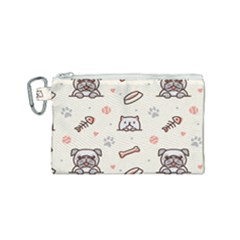 Pug Dog Cat With Bone Fish Bones Paw Prints Ball Seamless Pattern Vector Background Canvas Cosmetic Bag (small) by Vaneshart