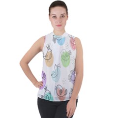 Cartoon Bird Cute Doodle Bird Mock Neck Chiffon Sleeveless Top