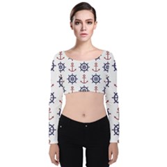 Nautical Seamless Pattern Velvet Long Sleeve Crop Top by Vaneshart