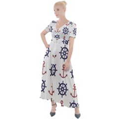 Nautical Seamless Pattern Button Up Short Sleeve Maxi Dress