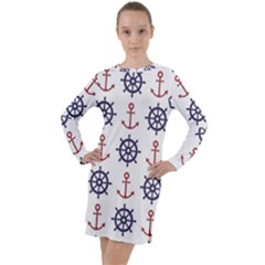 Nautical Seamless Pattern Long Sleeve Hoodie Dress