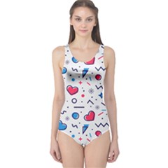 Hearts Seamless Pattern Memphis Style One Piece Swimsuit by Vaneshart