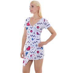 Hearts Seamless Pattern Memphis Style Short Sleeve Asymmetric Mini Dress by Vaneshart