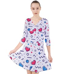 Hearts Seamless Pattern Memphis Style Quarter Sleeve Front Wrap Dress by Vaneshart