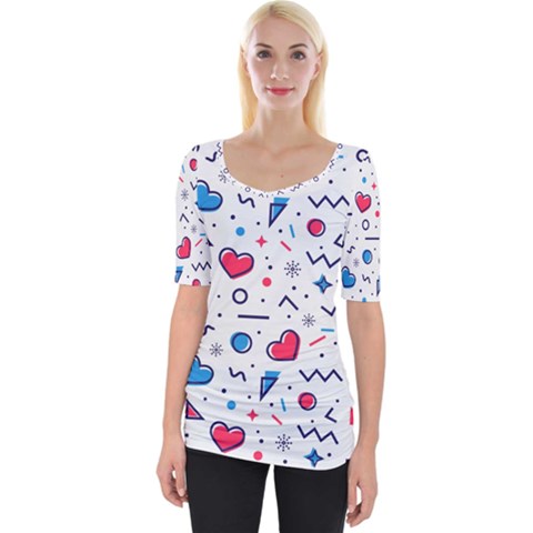 Hearts Seamless Pattern Memphis Style Wide Neckline Tee by Vaneshart