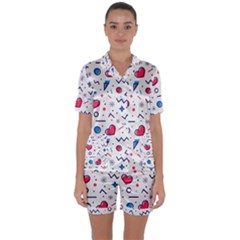 Hearts Seamless Pattern Memphis Style Satin Short Sleeve Pyjamas Set by Vaneshart