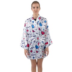 Hearts Seamless Pattern Memphis Style Long Sleeve Satin Kimono