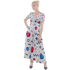 Hearts Seamless Pattern Memphis Style Button Up Short Sleeve Maxi Dress by Vaneshart