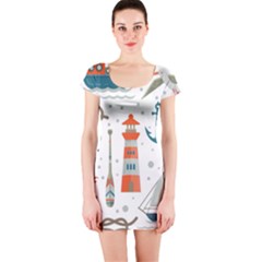 Nautical Elements Pattern Background Short Sleeve Bodycon Dress