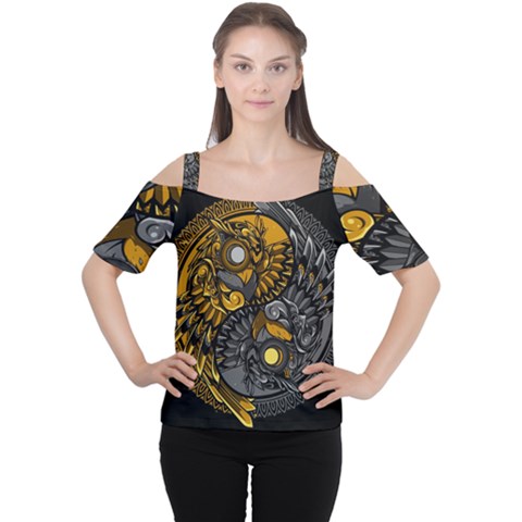 Yin Yang Owl Doodle Ornament Illustration Cutout Shoulder Tee by Vaneshart