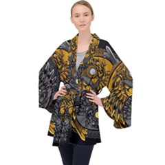 Yin Yang Owl Doodle Ornament Illustration Long Sleeve Velvet Kimono  by Vaneshart