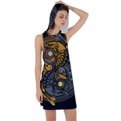 Yin Yang Owl Doodle Ornament Illustration Racer Back Hoodie Dress by Vaneshart