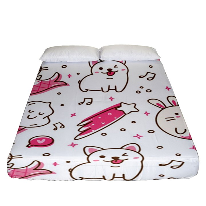 Cute Animals Seamless Pattern Kawaii Doodle Style Fitted Sheet (King Size)