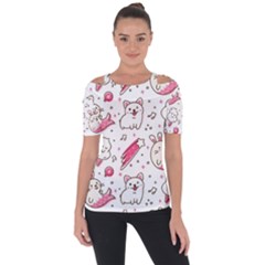 Cute Animals Seamless Pattern Kawaii Doodle Style Shoulder Cut Out Short Sleeve Top by Vaneshart