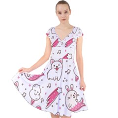 Cute Animals Seamless Pattern Kawaii Doodle Style Cap Sleeve Front Wrap Midi Dress