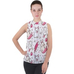 Cute Animals Seamless Pattern Kawaii Doodle Style Mock Neck Chiffon Sleeveless Top by Vaneshart