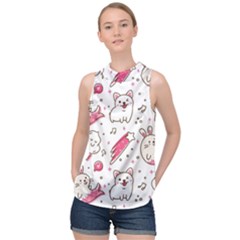 Cute Animals Seamless Pattern Kawaii Doodle Style High Neck Satin Top by Vaneshart