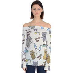 Happy Cats Pattern Background Off Shoulder Long Sleeve Top by Vaneshart