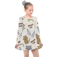 Happy Cats Pattern Background Kids  Long Sleeve Dress