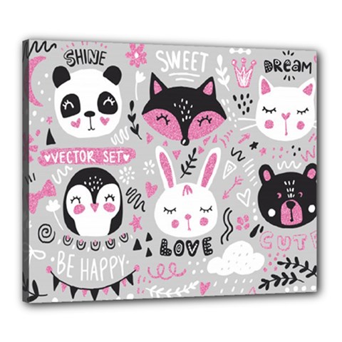 Big Set With Cute Cartoon Animals Bear Panda Bunny Penguin Cat Fox Canvas 24  X 20  (stretched) by Vaneshart