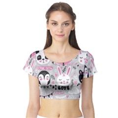 Big Set With Cute Cartoon Animals Bear Panda Bunny Penguin Cat Fox Short Sleeve Crop Top by Vaneshart