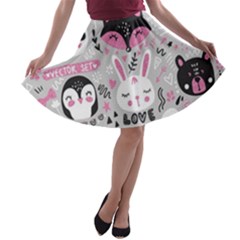 Big Set With Cute Cartoon Animals Bear Panda Bunny Penguin Cat Fox A-line Skater Skirt by Vaneshart