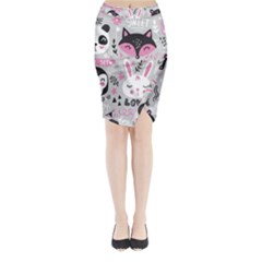 Big Set With Cute Cartoon Animals Bear Panda Bunny Penguin Cat Fox Midi Wrap Pencil Skirt by Vaneshart