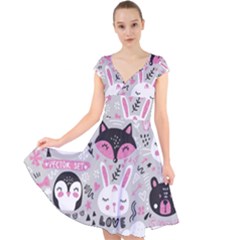 Big Set With Cute Cartoon Animals Bear Panda Bunny Penguin Cat Fox Cap Sleeve Front Wrap Midi Dress by Vaneshart