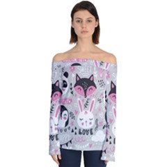 Big Set With Cute Cartoon Animals Bear Panda Bunny Penguin Cat Fox Off Shoulder Long Sleeve Top by Vaneshart