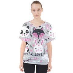 Big Set With Cute Cartoon Animals Bear Panda Bunny Penguin Cat Fox V-neck Dolman Drape Top by Vaneshart