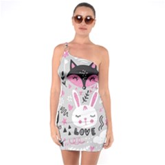 Big Set With Cute Cartoon Animals Bear Panda Bunny Penguin Cat Fox One Soulder Bodycon Dress by Vaneshart