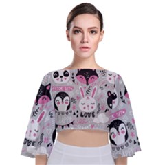 Big Set With Cute Cartoon Animals Bear Panda Bunny Penguin Cat Fox Tie Back Butterfly Sleeve Chiffon Top by Vaneshart