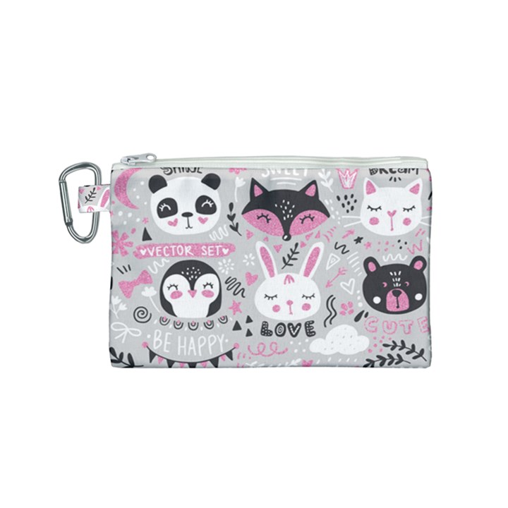 Big Set With Cute Cartoon Animals Bear Panda Bunny Penguin Cat Fox Canvas Cosmetic Bag (Small)