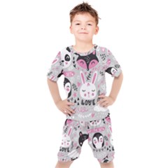 Big Set With Cute Cartoon Animals Bear Panda Bunny Penguin Cat Fox Kids  Tee And Shorts Set by Vaneshart