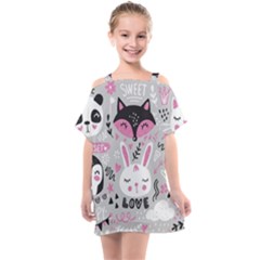 Big Set With Cute Cartoon Animals Bear Panda Bunny Penguin Cat Fox Kids  One Piece Chiffon Dress by Vaneshart