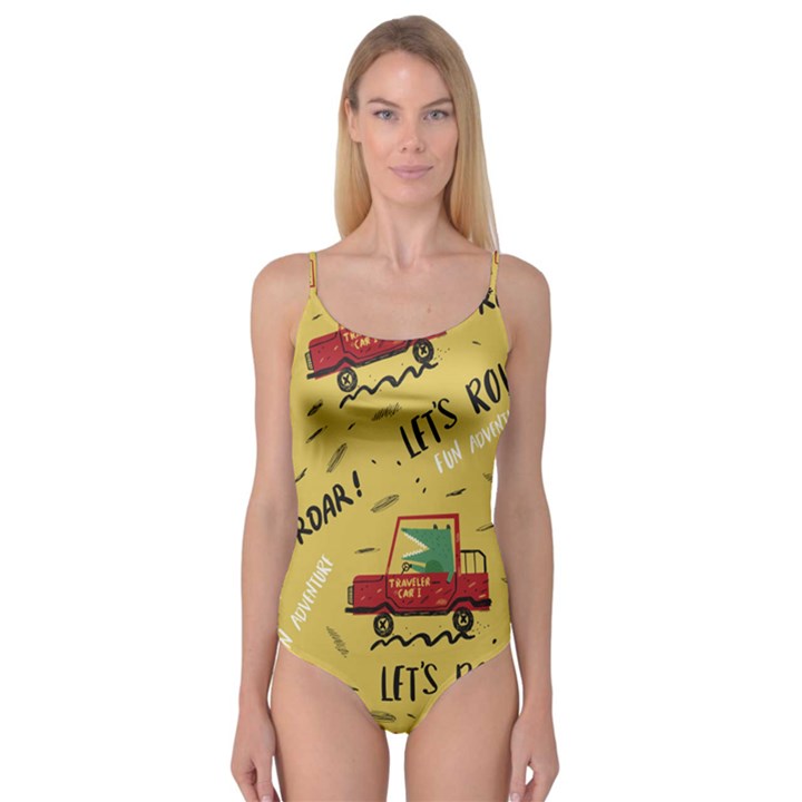 Childish Seamless Pattern With Dino Driver Camisole Leotard 