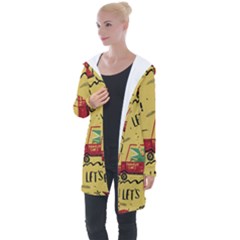 Childish Seamless Pattern With Dino Driver Longline Hooded Cardigan by Vaneshart